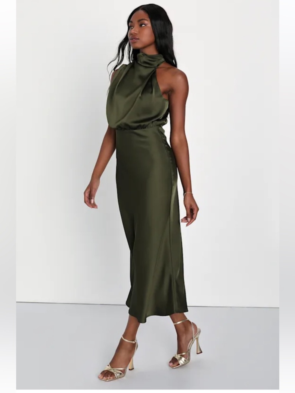 NWT Lulus Distinctive Charm Olive Green Satin Asymmetrical Midi Dress